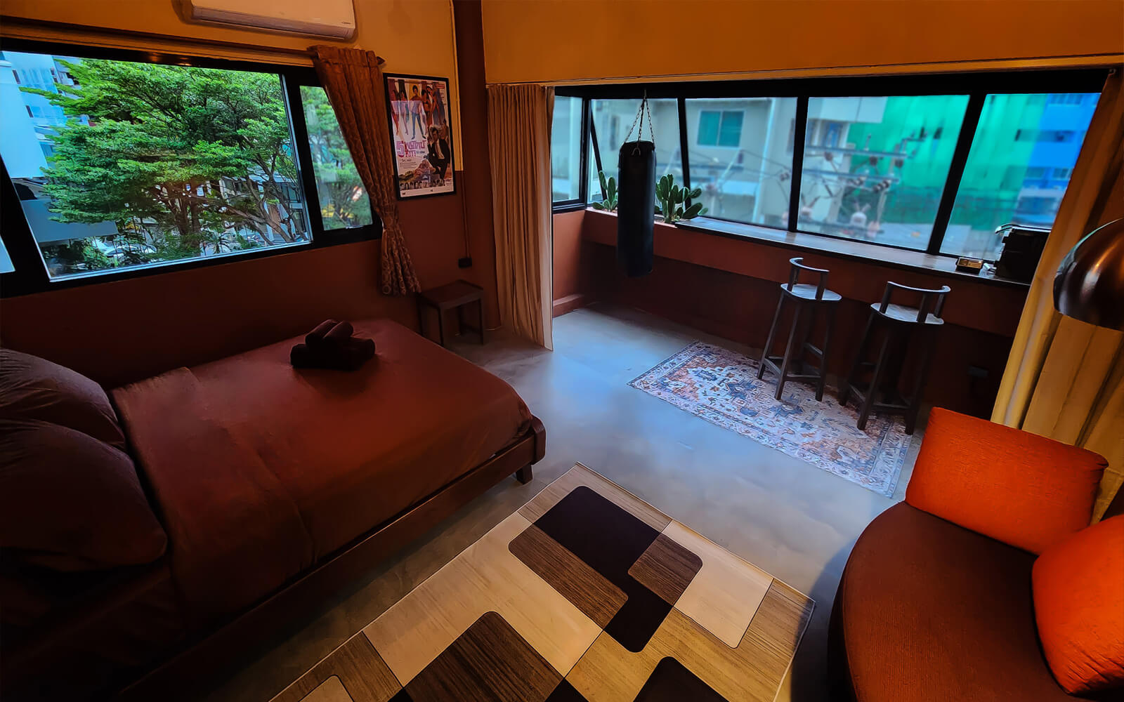 Stay in a cinematic spy hideout with tons of space to relax, work, and play. Includes work and training area, blackout curtains.