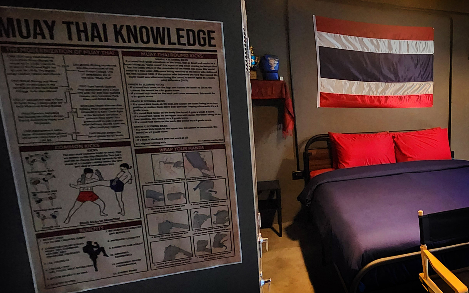Part luxury room, part Muay Thai dojo, this cinematic set combines comfort and action with a full gym with usable equipment along with a supremely comfortable king bed, private bath, and streaming media/gaming server.