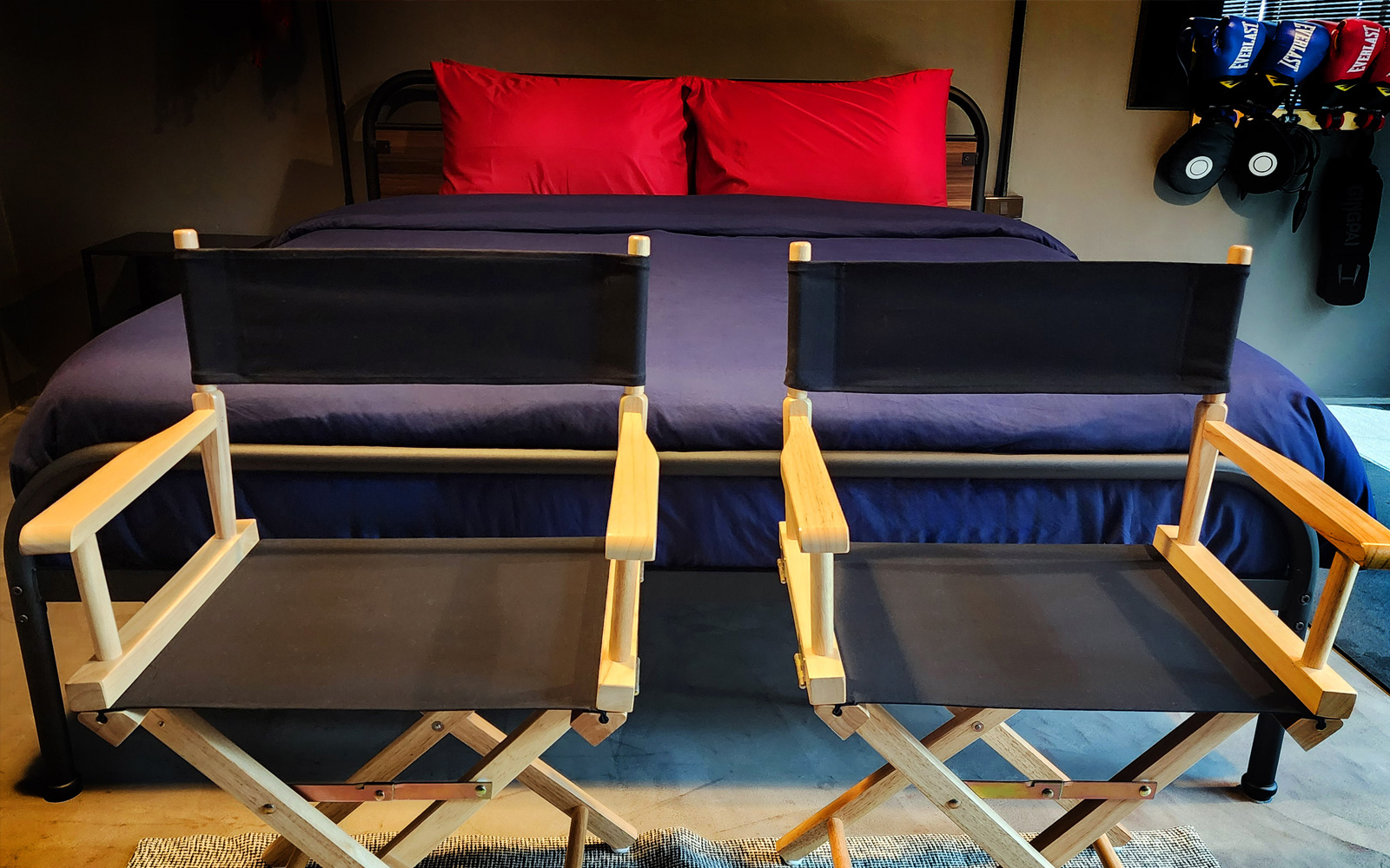 Part luxury room, part Muay Thai dojo, this cinematic set combines comfort and action with a full gym with usable equipment along with a supremely comfortable king bed, private bath, and streaming media/gaming server.